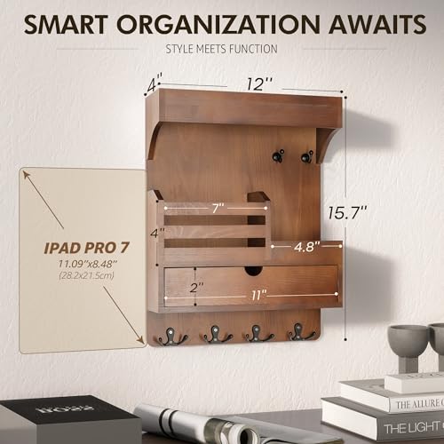 Rebee Vision Farmhouse Key Holder Wall Mount with Drawer Organizer Pine Wooden Mail and Key Organizer for Wall with 6 Sturdy Hooks Floating Shelf Perfect for Retro Living Room Decor Brown - Image 3