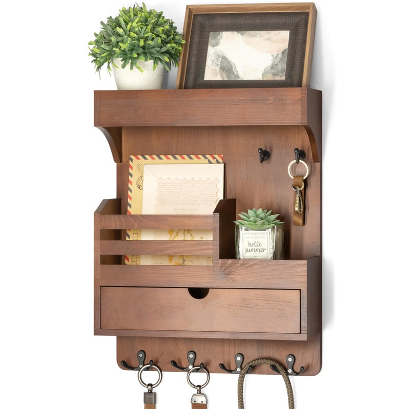 Rebee Vision Farmhouse Key Holder Wall Mount with Drawer Organizer Pine Wooden Mail and Key Organizer for Wall with 6 Sturdy Hooks Floating Shelf Perfect for Retro Living Room Decor Brown - Image 2