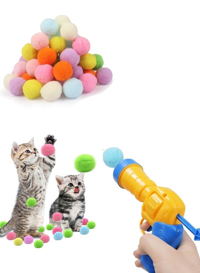 Cat toy Interaction for Indoor Cats, 50pcs Pom Pom With Launcher suit, Cat self-Gaming Kitten toy, Cute Cat Ball Toys toys, Plush Ball Color is Random - Image 1