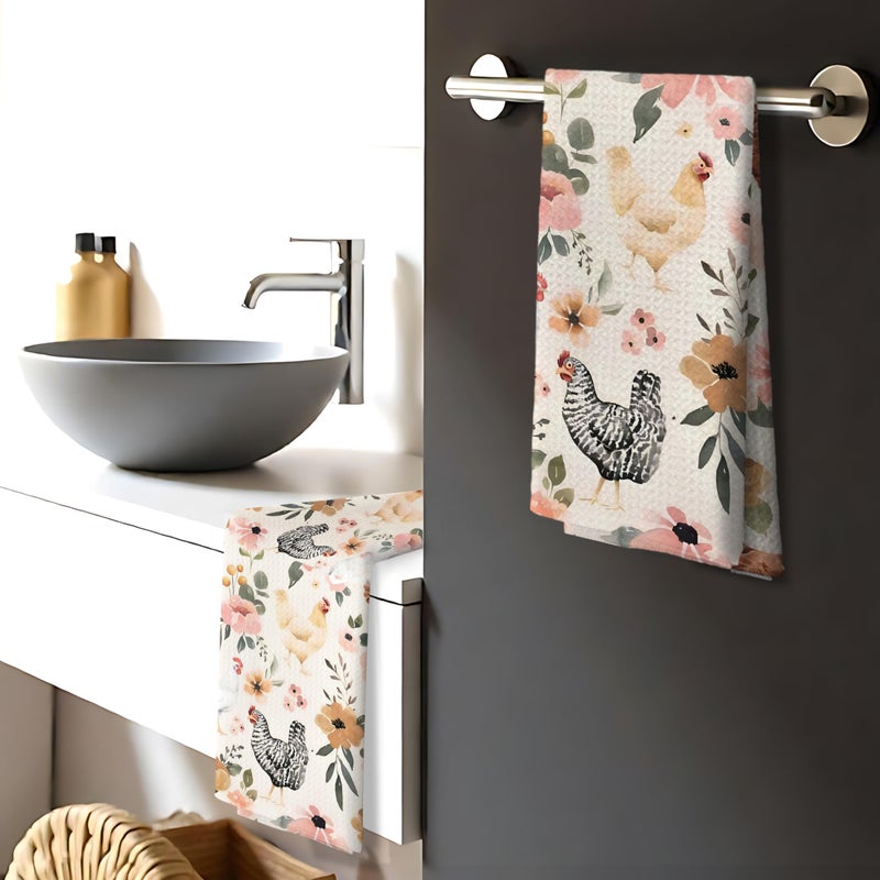 Nipil Chicken Kitchen Towels Set of 2,Chicken Gifts for Women, Chicken Mom Lady Gifts, Chicken Gifts for Chicken Lovers, Chicken Floral Hand Towels for Bathroom,16x24 Inch - Image 4