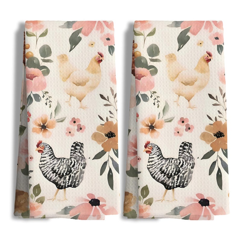 Nipil Chicken Kitchen Towels Set of 2,Chicken Gifts for Women, Chicken Mom Lady Gifts, Chicken Gifts for Chicken Lovers, Chicken Floral Hand Towels for Bathroom,16x24 Inch - Image 1