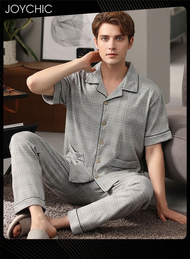 Joychic طقم بيجامة للرجال من قطعتين قطن نقي صديق للبشرة بأكمام قصيرة وسروال فضفاض للشباب ملابس نوم منزلية تنفسية سترة رمادية لفصل الربيع والصيف والخريف - Image 1