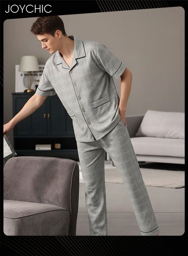 Joychic طقم بيجامة للرجال من قطعتين قطن نقي صديق للبشرة بأكمام قصيرة وسروال فضفاض للشباب ملابس نوم منزلية تنفسية سترة رمادية لفصل الربيع والصيف والخريف - Image 2