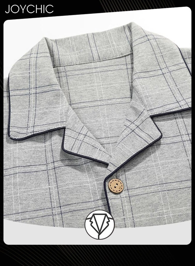 Joychic طقم بيجامة للرجال من قطعتين قطن نقي صديق للبشرة بأكمام قصيرة وسروال فضفاض للشباب ملابس نوم منزلية تنفسية سترة رمادية لفصل الربيع والصيف والخريف - Image 4