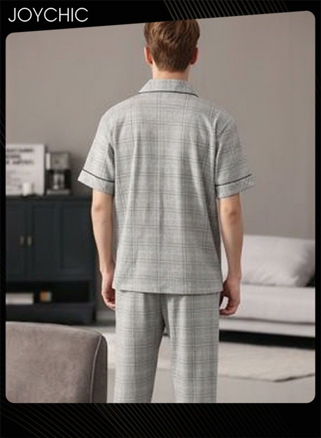 Joychic طقم بيجامة للرجال من قطعتين قطن نقي صديق للبشرة بأكمام قصيرة وسروال فضفاض للشباب ملابس نوم منزلية تنفسية سترة رمادية لفصل الربيع والصيف والخريف - Image 3