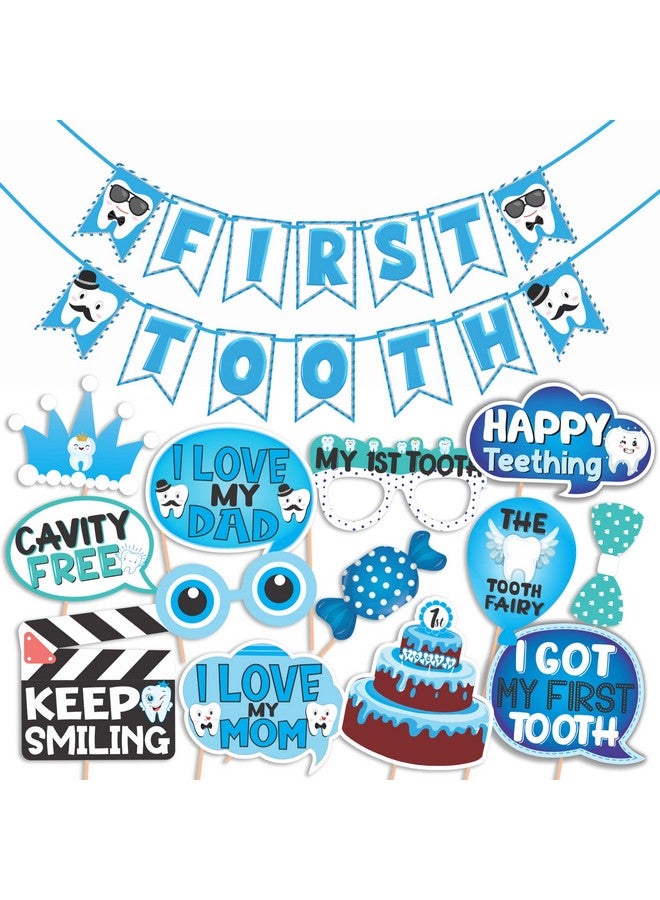 WOBBOX إكسسوارات حفلة صور أول سن من ووبوكس (13 قطعة) مع لافتة أول سن، لون أزرق بخط أنيق، زينة أول سن، عناصر زينة أول سن للرضع، تصميم 2، طفل رضيع - أزرق - Image 1