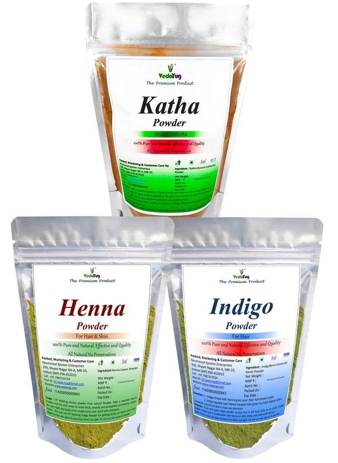 VY VedaYug - Katha Powder + Henna Powder + Indigo Powder ; Combo Powder Pack For Hair Natural Dye Black And Brown (Pack Of 3 100G Each Total 300G) - Image 1