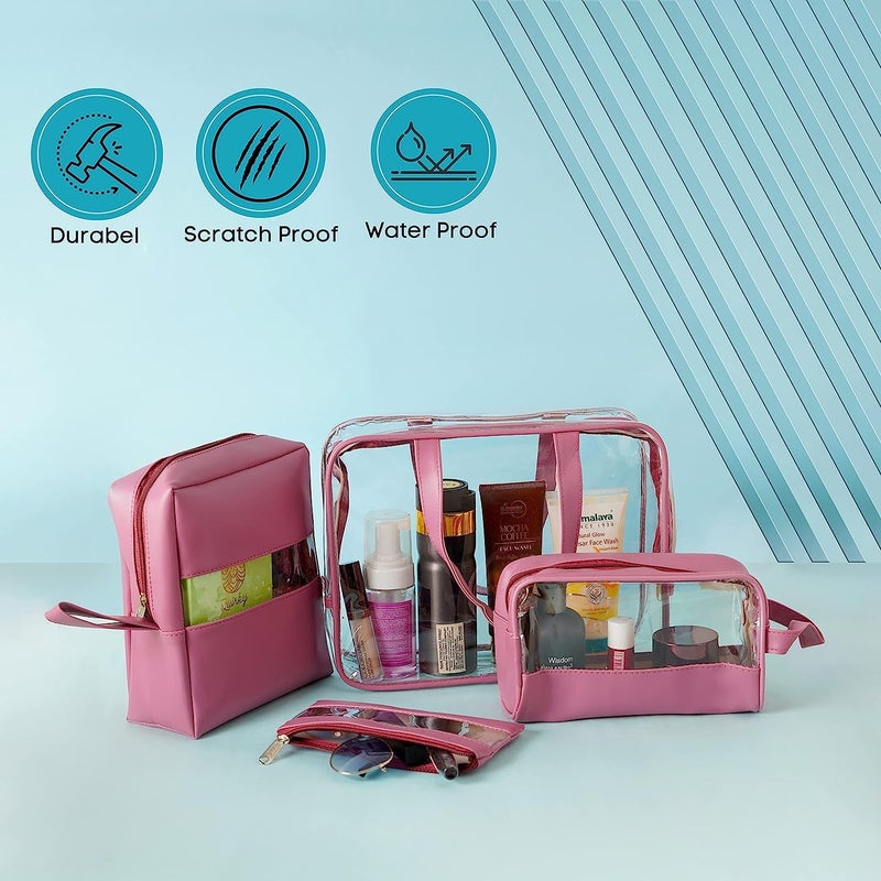 Hexwell Set of 4 Multipurpose Transparent Travel Pouch Makeup Toiletry Kit Bag Cosmetic Pouch for Women Makeup Organizer Bag Shaving Kit Toiletry Bag for Women  Pink Coloe - Image 5
