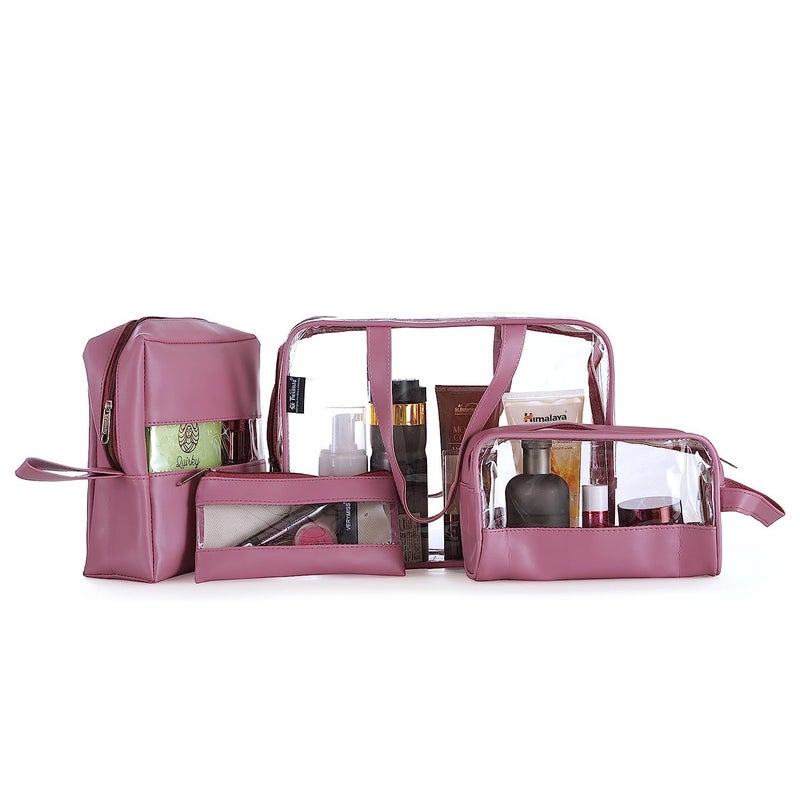 Hexwell Set of 4 Multipurpose Transparent Travel Pouch Makeup Toiletry Kit Bag Cosmetic Pouch for Women Makeup Organizer Bag Shaving Kit Toiletry Bag for Women  Pink Coloe - Image 3