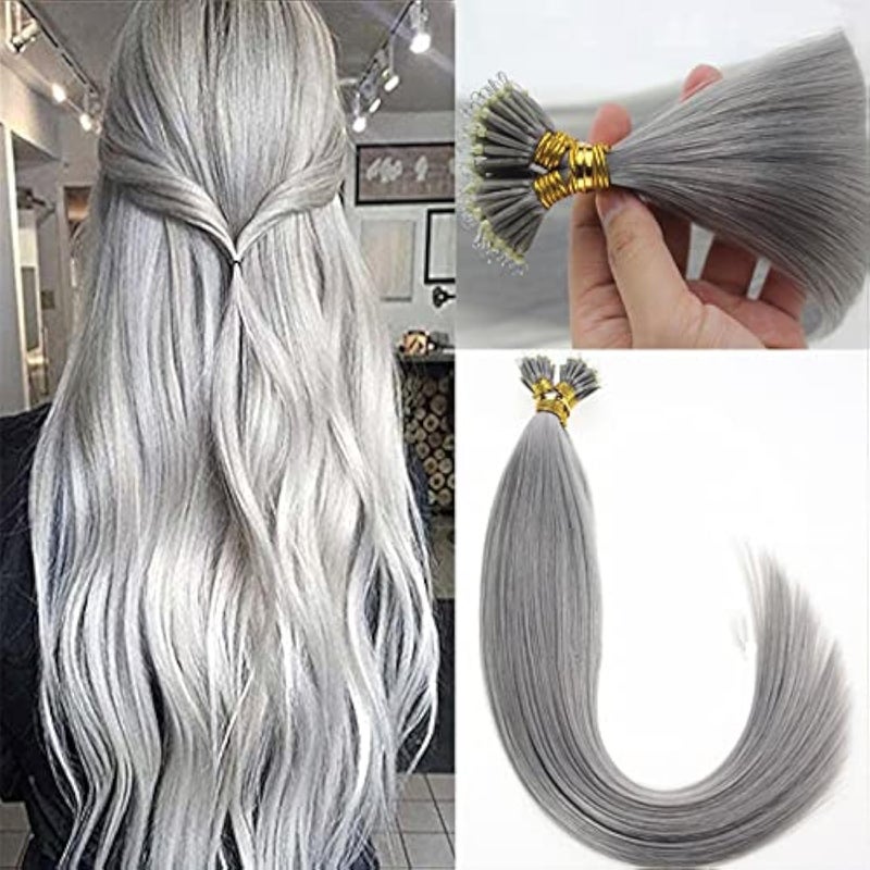 Nano Ring Hair Extensions Human Hair Keratin Cold Fusion Nano Tip Micro Nano Beads Link Thick Hair Balayage Highlight Ombre Real Remy Hair 1gs 18inch50gr50s Silver Gray