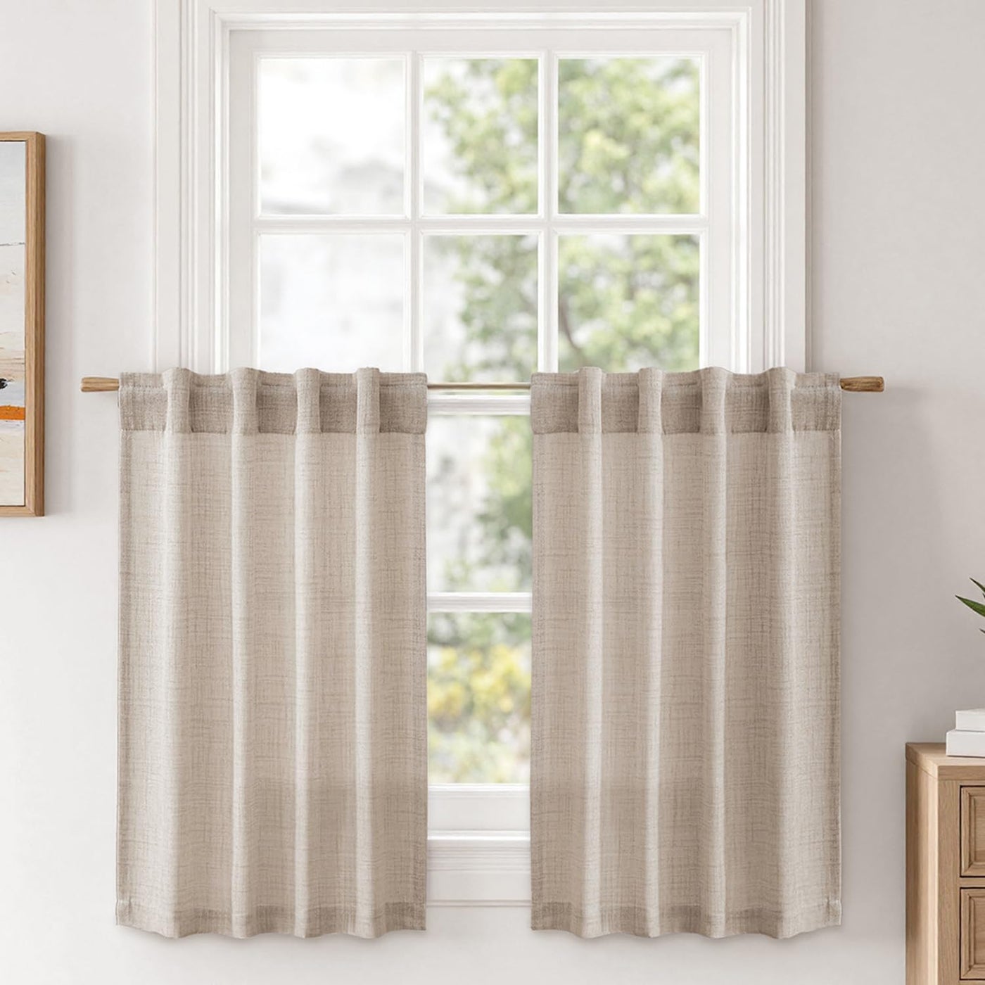 MIULEE Linen Textured Small Kitchen Window Curtains Over Sink, Semi Sheer Farmhouse Cafe Curtain 36 Inch Long Short Back Tab Half Window Curtains for Bathroom Basement 2 Panels