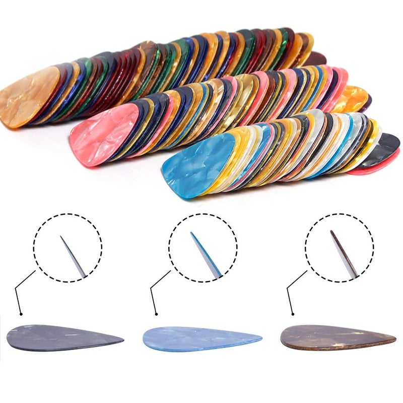 Augshy Guitar Picks, 150 Pack Premium Celluloid Guitar Pick Variety Pack Thin, Medium & Heavy Gauges for Acoustic Guitar, Electric Guitar, Bass(0.46 0.71 0.96 mm) - Image 1