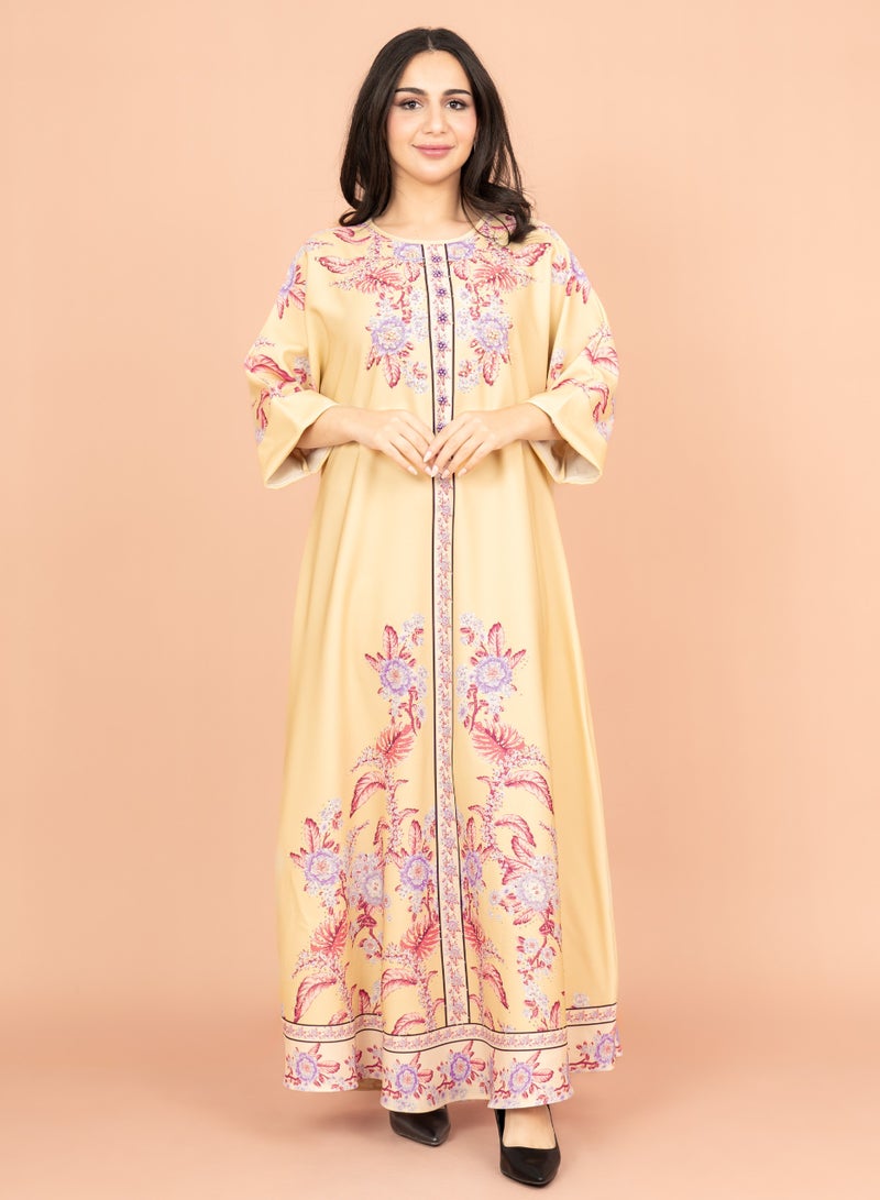اكسا جلابية منقوشة كرستال IK1017 بيج - Image 1