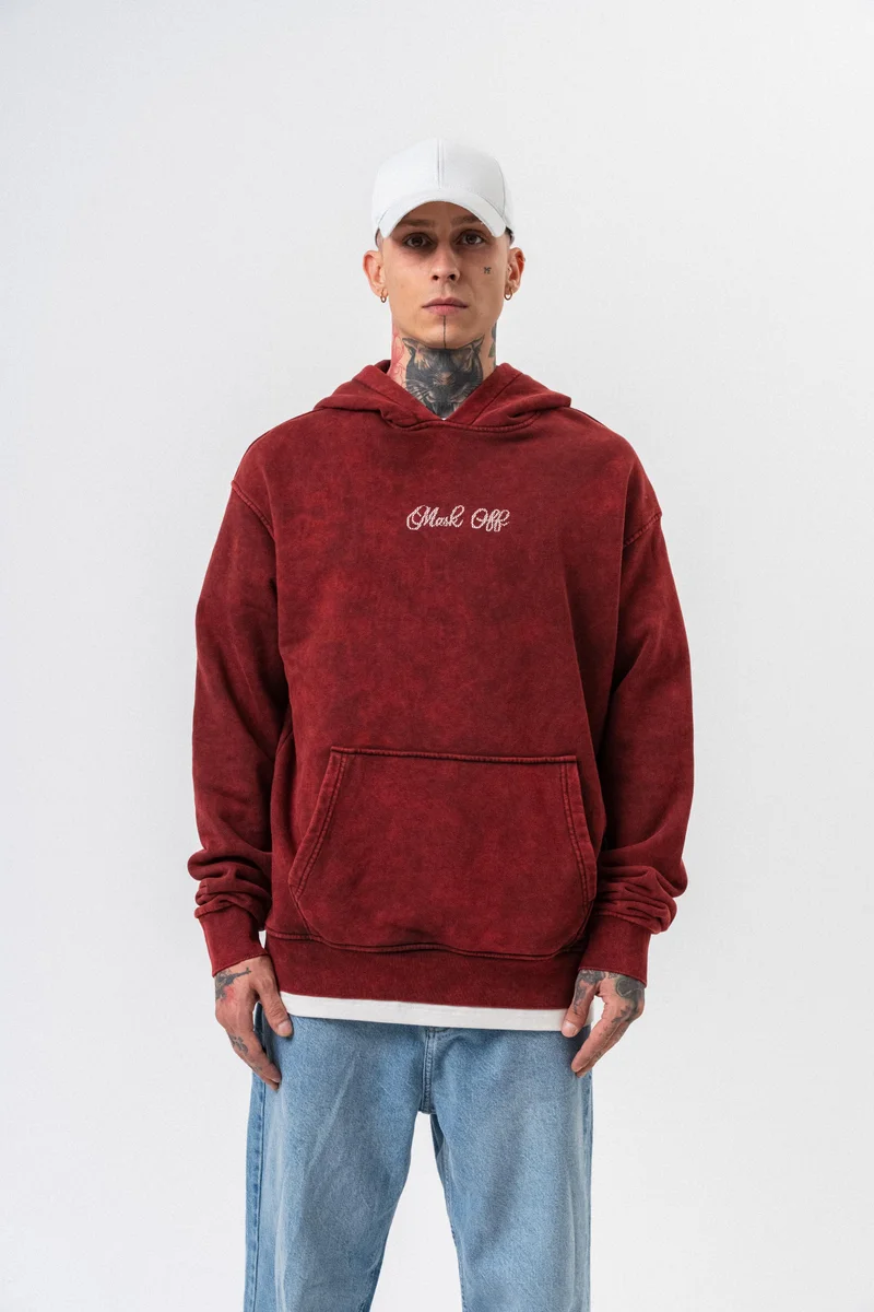 RESPIRE Men’s Mask Off Printed Washed Oversize Hoodie Burgundy