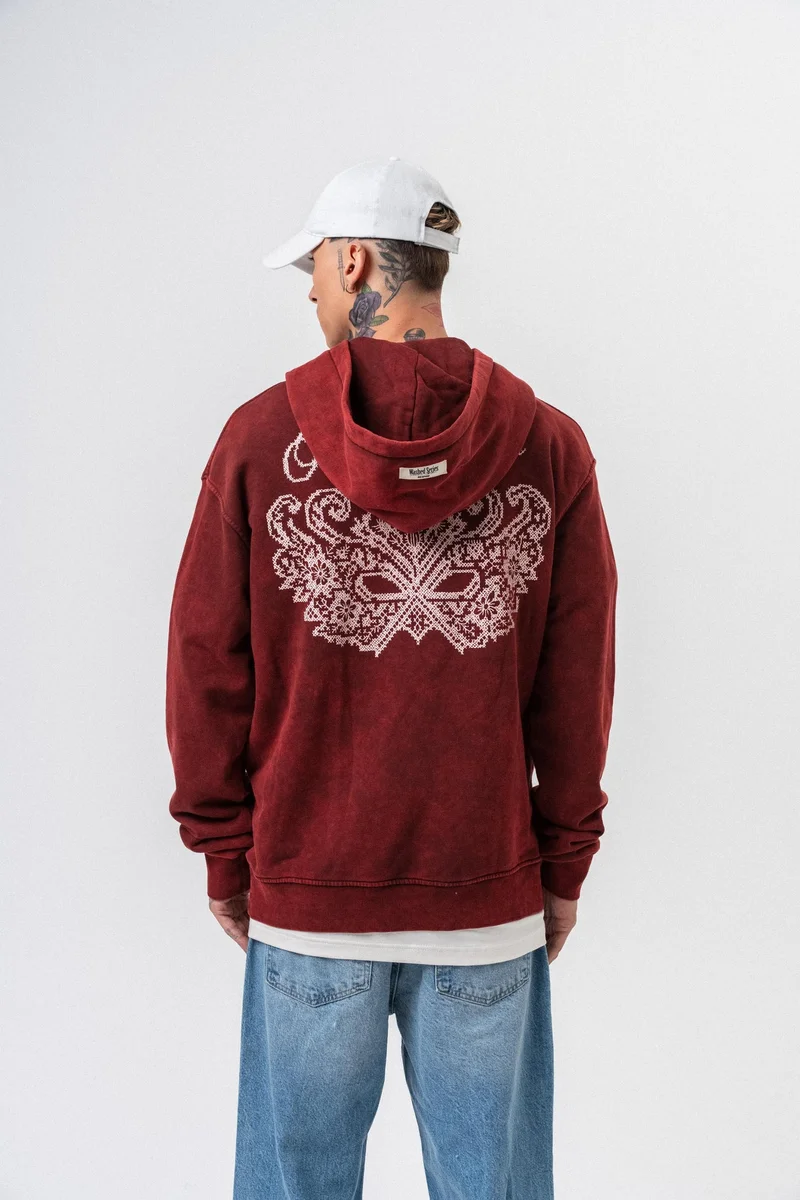 ريسباير هودي رجالي واسع مطبوع بياقة قناع بلون عنابي