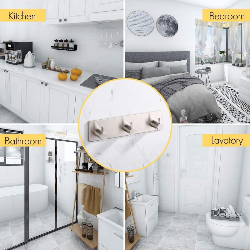 pepplo 304 Stainless Steel Self Adhesive Hooks Heavy Duty Wall Hooks Nail-Free Waterproof Stick On Bathroom Kitchen Door for Keys Hats Towel Coats, Brushed Finish (Joint Three Hook) - Image 5