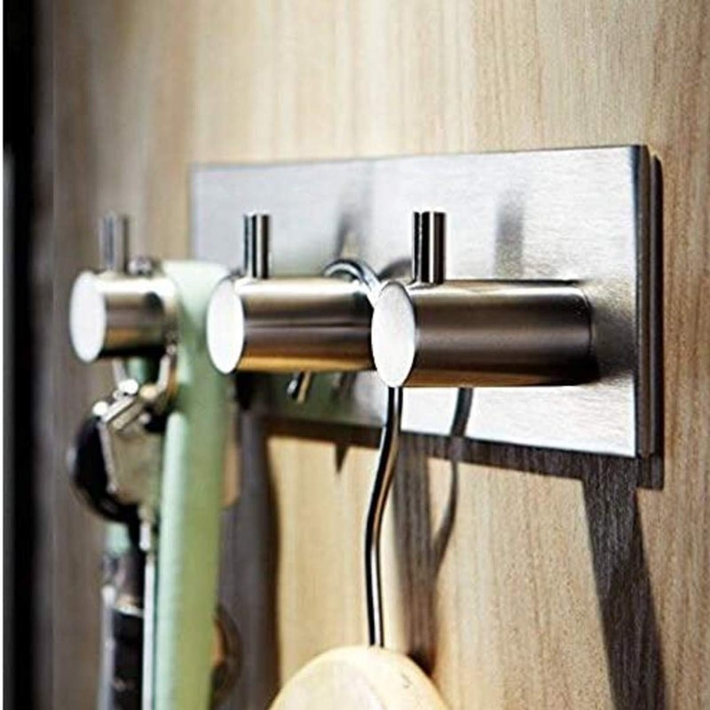 pepplo 304 Stainless Steel Self Adhesive Hooks Heavy Duty Wall Hooks Nail-Free Waterproof Stick On Bathroom Kitchen Door for Keys Hats Towel Coats, Brushed Finish (Joint Three Hook) - Image 1
