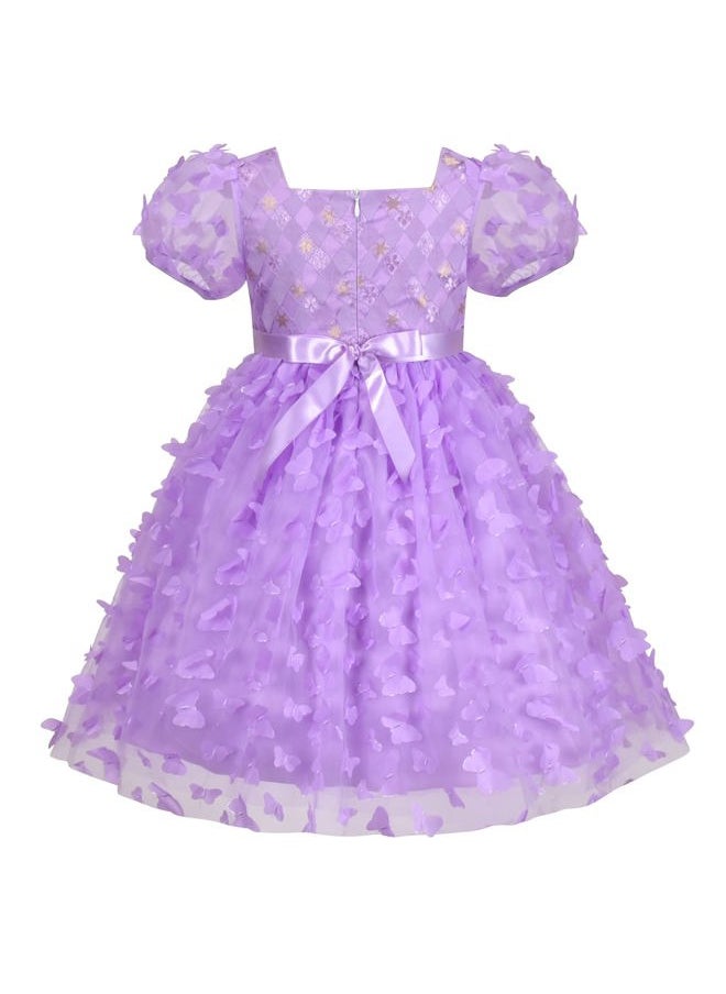 Sunny Fashion Girls Dress 3D Butterfly Purple Plaid Lace Top Square Collar Short Sleeve Size 6  - Image 2