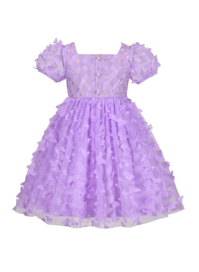 Sunny Fashion Girls Dress 3D Butterfly Purple Plaid Lace Top Square Collar Short Sleeve Size 6  - Image 1