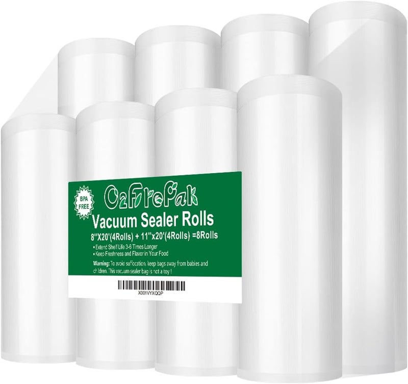 O2frepak 8 عبوات من لفائف أكياس التفريغ 8x20 قدم (4 لفات) و11x20 قدم (4 لفات) مع خالية من BPA، لفائف أكياس تخزين التفريغ الثقيلة، لفائف قابلة للقطع حسب الحجم، رائعة للطهي بالفيديو المائي - Image 1