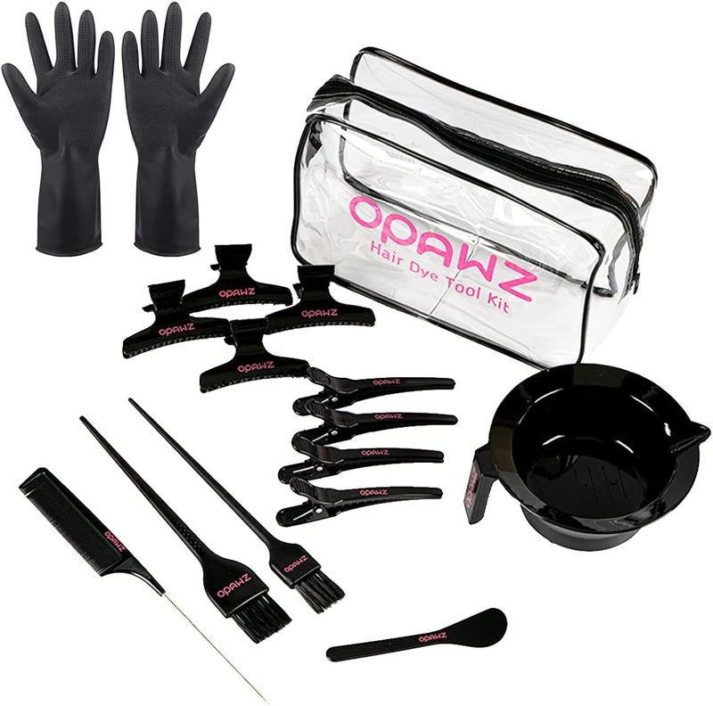 OPAWZ OPAWZ 16Pcs Hair Dye Coloring Kit, Brush and Mixing Bowl Set, Hair Dye Tools Kit, Include Mixing Bowl, Applicator, Clips, Brushes, Comb, Gloves and Reusable Travel Bag for DIY Salon