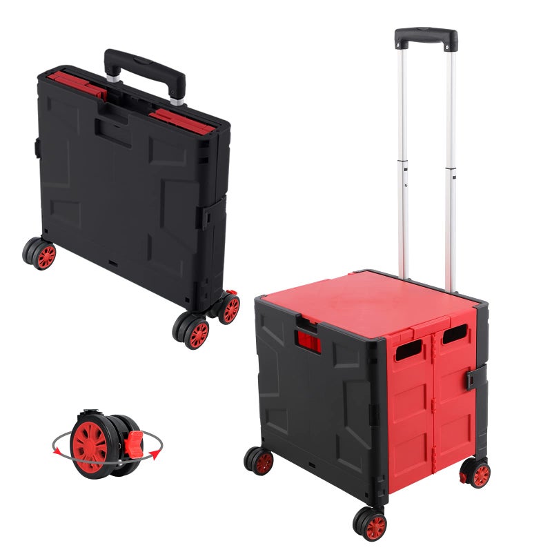 FELICON Folding Utility Cart Portable Rolling Crate Handcart with Durable Heavy Duty Plastic Telescoping Handle Collapsible Hidden Lid 4 Rotate Wheels for Travel Shop Move Office TeacherRedBlack