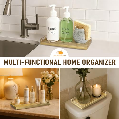 Focusonit Bathroom Vanity Tray – 12" x 6" Oak Decorative Wooden Tray for Toilet Tank Organizer, Wood Tray for Bathroom Countertop, Soap, Perfume, Storage Vanity Dresser Decor for Bathroom Essentials Gold - Image 5
