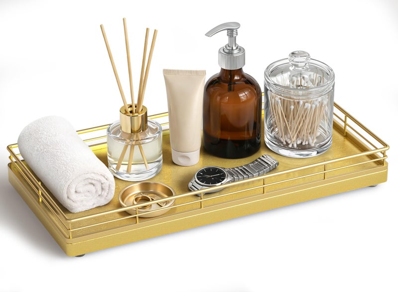Focusonit Bathroom Vanity Tray – 12" x 6" Oak Decorative Wooden Tray for Toilet Tank Organizer, Wood Tray for Bathroom Countertop, Soap, Perfume, Storage Vanity Dresser Decor for Bathroom Essentials Gold - Image 1