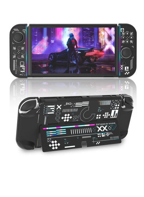 Protective Case Compatible with Nintendo Switch OLED Cool Printstream Hard Black Cover Case with Thumb Grip Caps and Screen Protector Shockproof Anti Scratch Protector for NS OLED Model Black