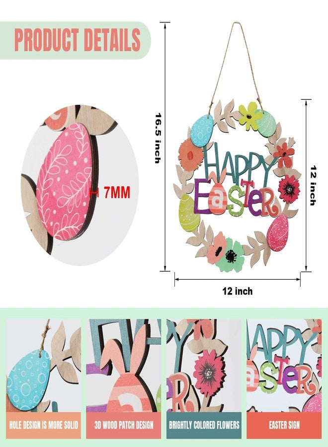 Wellsign Easter Wreath Decorations for Front Door Outdoor, 12 Inch 3D Wooden Easter Door Hanging Decor Flowers Egg Spring Wreaths with Happy Bunny Welcome Sign for Porch Wall Room Farmhouse - Image 2