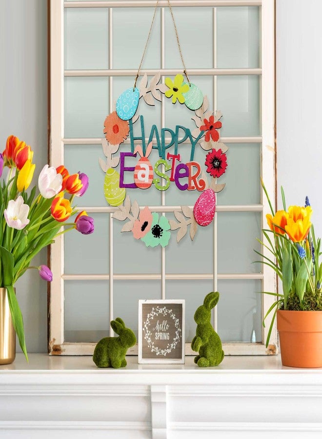 Wellsign Easter Wreath Decorations for Front Door Outdoor, 12 Inch 3D Wooden Easter Door Hanging Decor Flowers Egg Spring Wreaths with Happy Bunny Welcome Sign for Porch Wall Room Farmhouse - Image 4