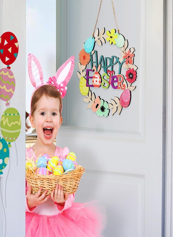 Wellsign Easter Wreath Decorations for Front Door Outdoor, 12 Inch 3D Wooden Easter Door Hanging Decor Flowers Egg Spring Wreaths with Happy Bunny Welcome Sign for Porch Wall Room Farmhouse - Image 3