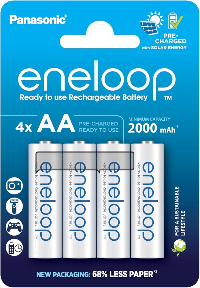 إنيلوب eneloop، AA/Mignon، بطارية قابلة لإعادة الشحن، عبوة تحتوي على 4 بطاريات، سعة 2000 ميليأمبير ساعة، بطاريات نيكل-ميدان (Ni-MH) جاهزة للاستخدام، 2000 دورة شحن، تغليف خالٍ من البلاستيك، مواصفات قياسية، لون أبيض - Image 1
