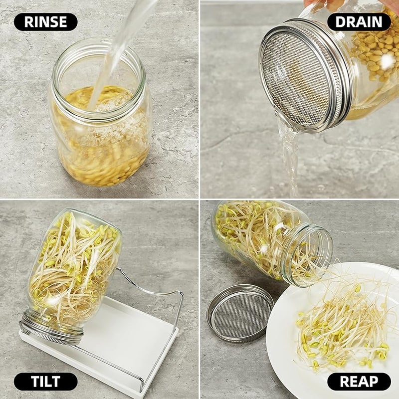 Zeato Sprouting Jar Kit Seed Sprouter Set for Growing Broccoli, Alfalfa, Mung Bea, Premium Stainless Steel Screen Sprout Lids, 2 Wide Mouth Mason Jars, Blackout Sleeves, Tray, Stand and Canning Brush - Image 4