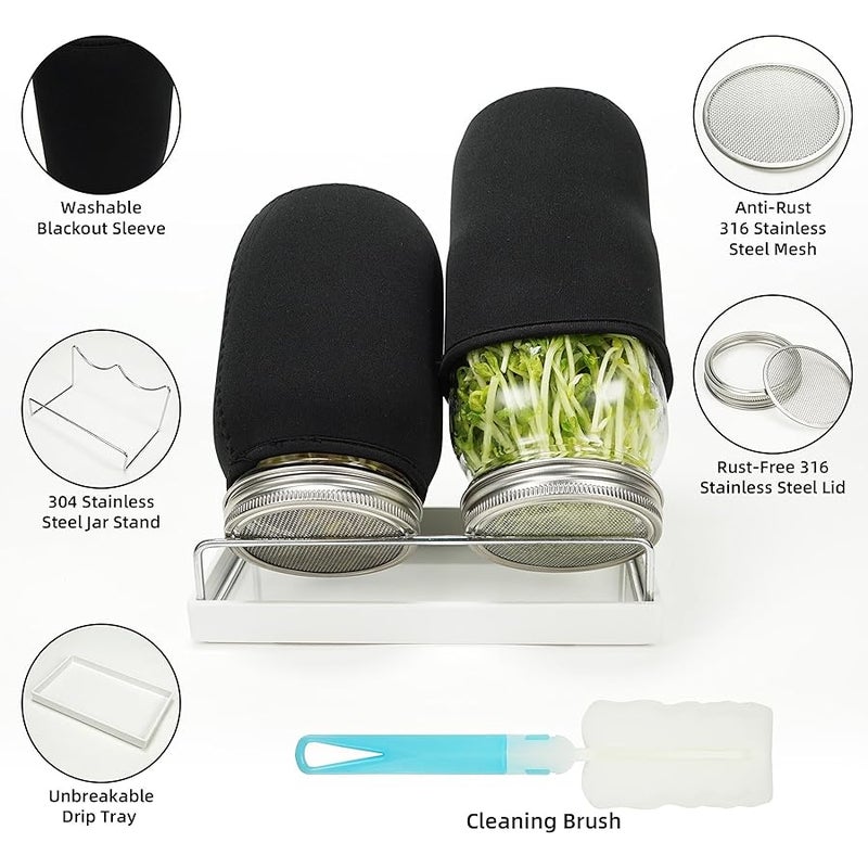 Zeato Sprouting Jar Kit Seed Sprouter Set for Growing Broccoli, Alfalfa, Mung Bea, Premium Stainless Steel Screen Sprout Lids, 2 Wide Mouth Mason Jars, Blackout Sleeves, Tray, Stand and Canning Brush - Image 2