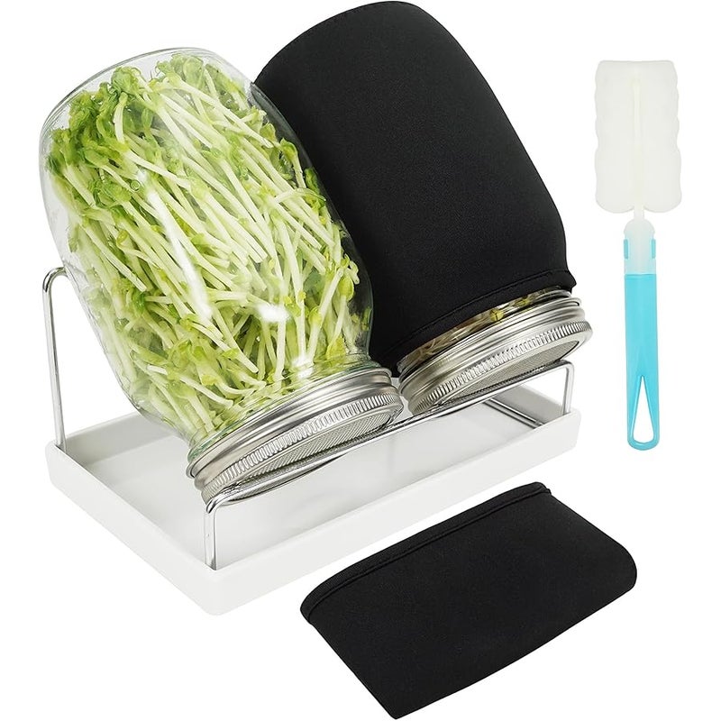 Zeato Sprouting Jar Kit Seed Sprouter Set for Growing Broccoli, Alfalfa, Mung Bea, Premium Stainless Steel Screen Sprout Lids, 2 Wide Mouth Mason Jars, Blackout Sleeves, Tray, Stand and Canning Brush - Image 1
