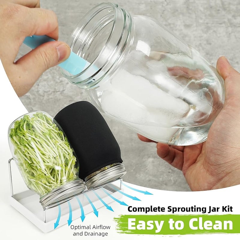 Zeato Sprouting Jar Kit Seed Sprouter Set for Growing Broccoli, Alfalfa, Mung Bea, Premium Stainless Steel Screen Sprout Lids, 2 Wide Mouth Mason Jars, Blackout Sleeves, Tray, Stand and Canning Brush - Image 5