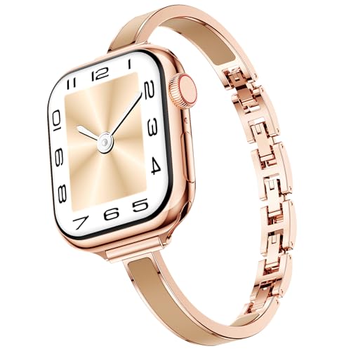 Mosonio Slim Bracelet Bands for Apple Watch Women, Elegant Thin Metal Band with Embedded Silicone Accents for iWatch, Easy-Adjust Link Strap Compatible with Apple Watch Series 11/10 (42mm), Series 9/8/7 (41mm), Series 6/5/4/SE (40mm), Series 3/2/1 (38mm) - Rose Gold + Nude - Image 1