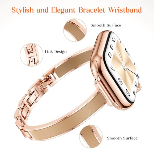 Mosonio Slim Bracelet Bands for Apple Watch Women, Elegant Thin Metal Band with Embedded Silicone Accents for iWatch, Easy-Adjust Link Strap Compatible with Apple Watch Series 11/10 (42mm), Series 9/8/7 (41mm), Series 6/5/4/SE (40mm), Series 3/2/1 (38mm) - Rose Gold + Nude - Image 5