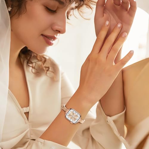 Mosonio Slim Bracelet Bands for Apple Watch Women, Elegant Thin Metal Band with Embedded Silicone Accents for iWatch, Easy-Adjust Link Strap Compatible with Apple Watch Series 11/10 (42mm), Series 9/8/7 (41mm), Series 6/5/4/SE (40mm), Series 3/2/1 (38mm) - Rose Gold + Nude - Image 4
