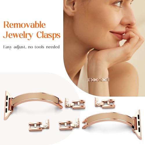 Mosonio Slim Bracelet Bands for Apple Watch Women, Elegant Thin Metal Band with Embedded Silicone Accents for iWatch, Easy-Adjust Link Strap Compatible with Apple Watch Series 11/10 (42mm), Series 9/8/7 (41mm), Series 6/5/4/SE (40mm), Series 3/2/1 (38mm) - Rose Gold + Nude - Image 2