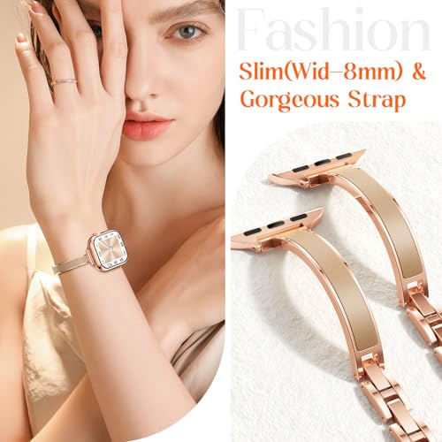 Mosonio Slim Bracelet Bands for Apple Watch Women, Elegant Thin Metal Band with Embedded Silicone Accents for iWatch, Easy-Adjust Link Strap Compatible with Apple Watch Series 11/10 (42mm), Series 9/8/7 (41mm), Series 6/5/4/SE (40mm), Series 3/2/1 (38mm) - Rose Gold + Nude - Image 3