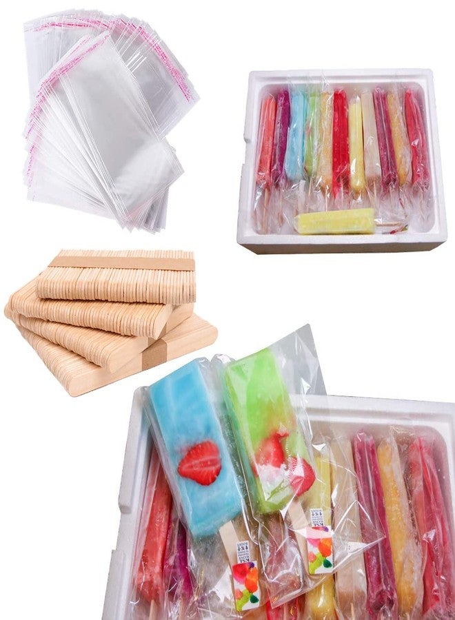 MEETRUE 400 Pcs Popsicle Sticks and Clear Self-Adhesive Cellophane Bags Set, 200 4.5'' Standard Sized Popsicle Sticks, 200 5.9'' x 3.9'' Self-Sealing Cello Bags for Summer Party, Popsicles Molds Accessories - Image 1