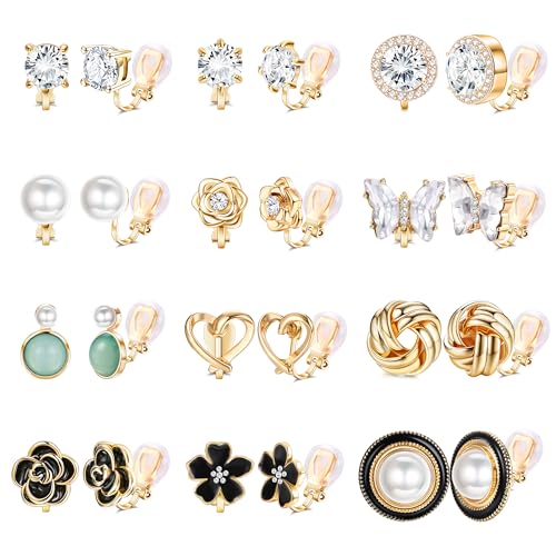 THUNARAZ 12 Pairs Comfortable Clip on Earrings for Women Sparklrd Crystal Clip Earrings CZ Cute Butterfly Flower Pearl Clip on Stud Earrings Non Piercing Jewelry Gold - Image 1