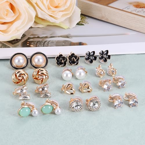 THUNARAZ 12 Pairs Comfortable Clip on Earrings for Women Sparklrd Crystal Clip Earrings CZ Cute Butterfly Flower Pearl Clip on Stud Earrings Non Piercing Jewelry Gold - Image 5