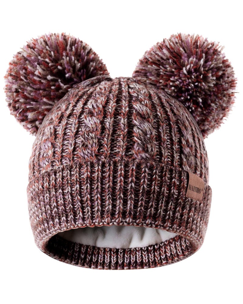 HAITHO Winter Hat for Kids Toddler Children, Girls Beanie with Double Pom Pom Warm Thick Thermal Fleece Lined, Girls Accessories Cute Knit Beanies Cap for Cold Weather - Image 1