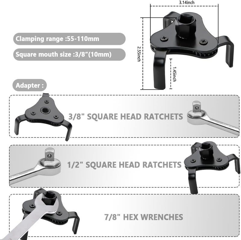 Turcee Steel Oil Filter Wrenches,3 Jaw Adjustable Oil Filter Removal Tool for 1/2 And 3/8 Inch Square Drive Socket,Universal Car Accessories Oil Wrench Tool with 2-Way Design - Image 2