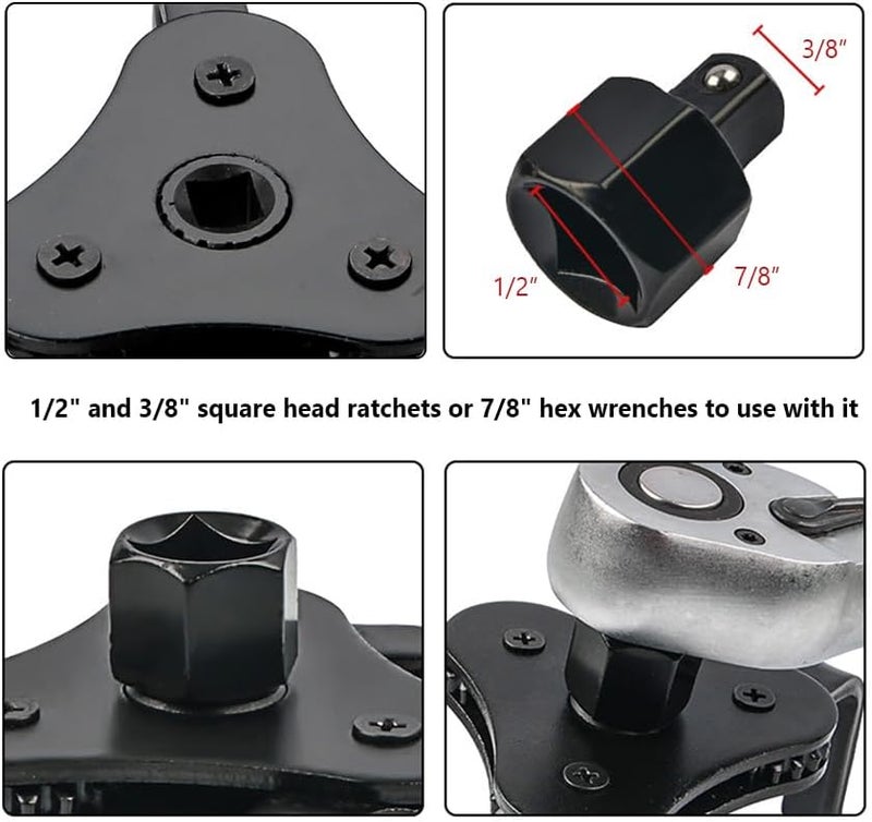 Turcee Steel Oil Filter Wrenches,3 Jaw Adjustable Oil Filter Removal Tool for 1/2 And 3/8 Inch Square Drive Socket,Universal Car Accessories Oil Wrench Tool with 2-Way Design - Image 4