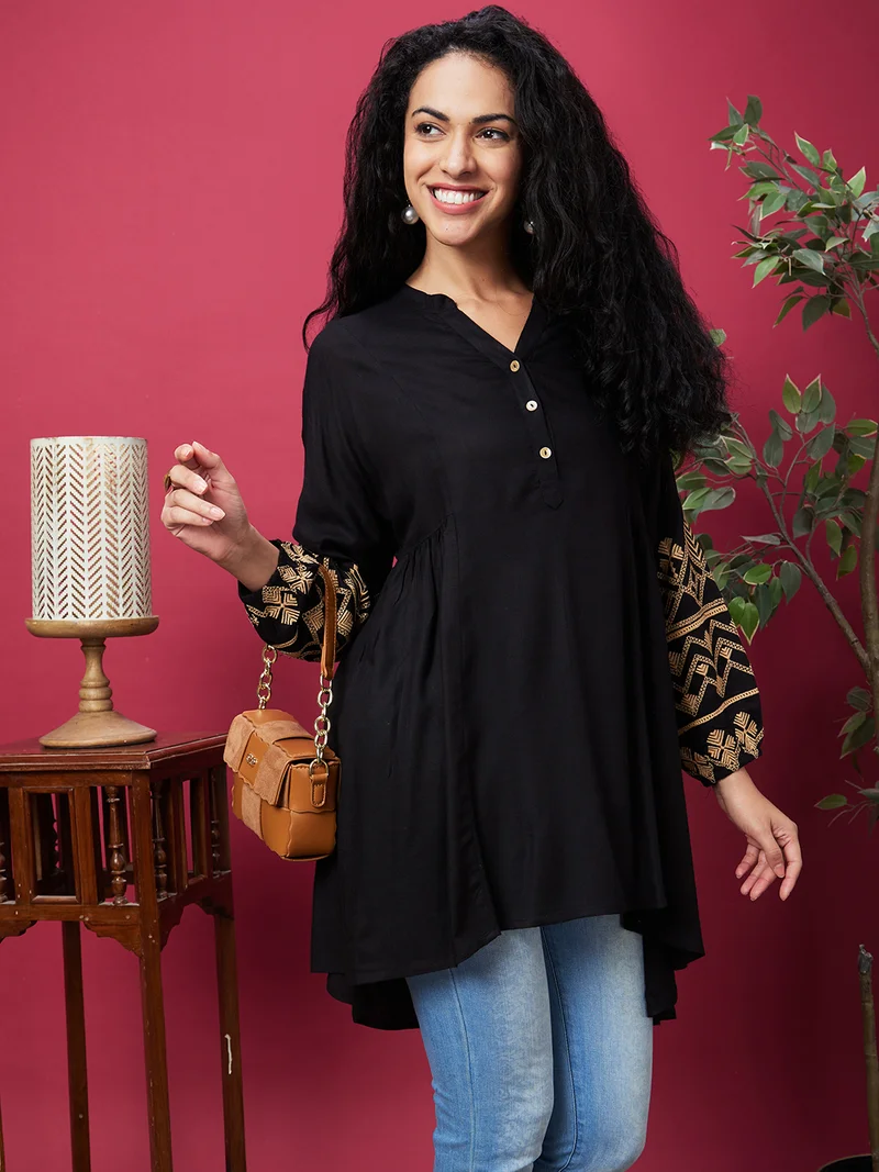globus Women Black Mandarin Collar Bishop Sleeves Asymmetric Hem Oversized A-Line Kurta