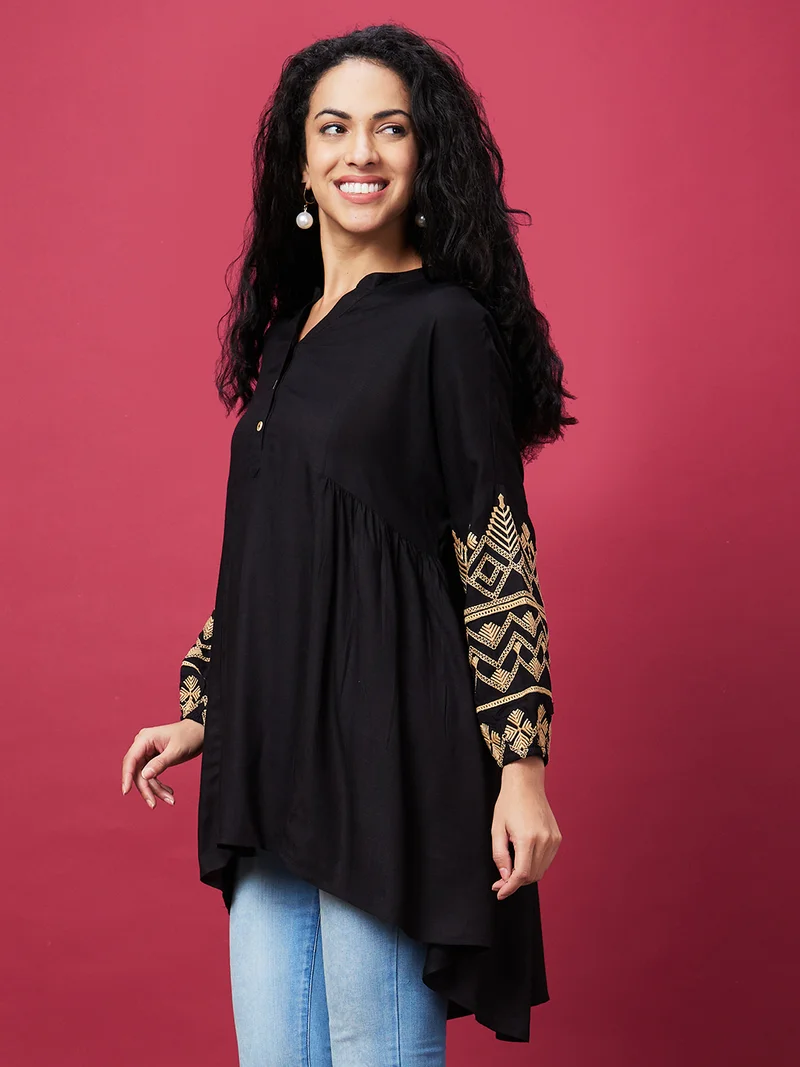 globus Women Black Mandarin Collar Bishop Sleeves Asymmetric Hem Oversized A-Line Kurta